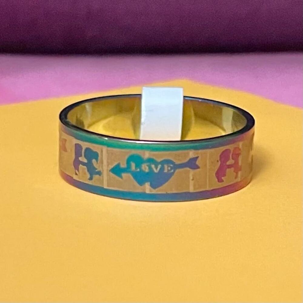 NEW Women's Stainless Steel Metallic Gold Rainbow Love Ring Sz 11